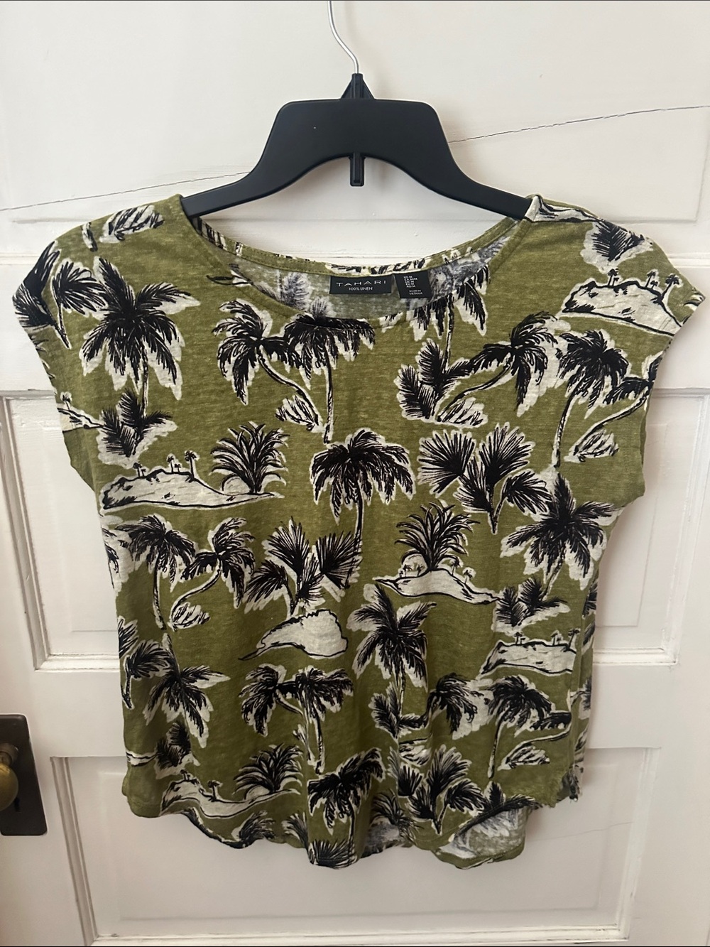 Tahari 100% Linen Blouse Olive Green Palm Print Top Loose Cap Short Sleeve